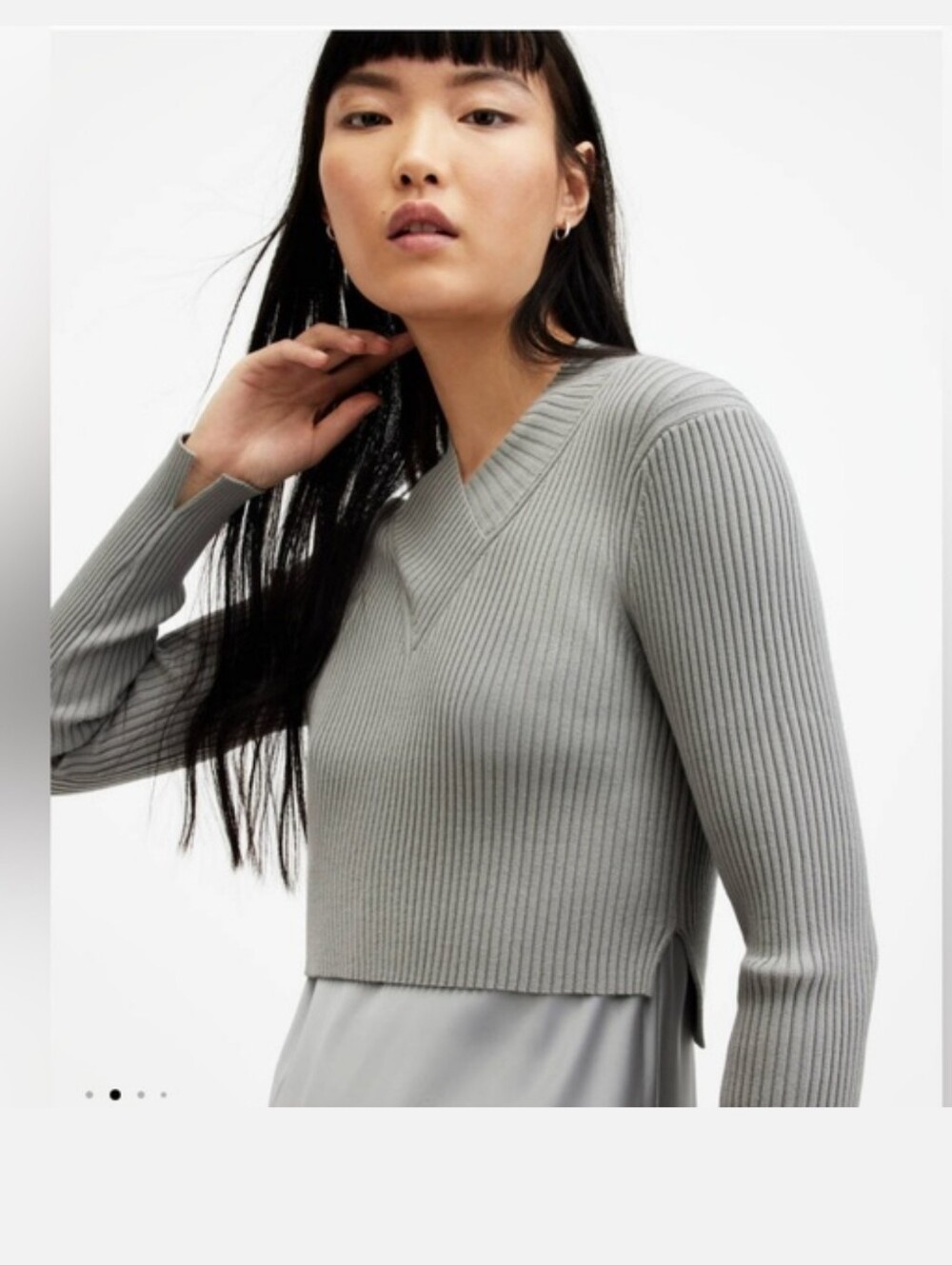 AllSaints Grey Ribbed V-Neck Cropped Sweater
